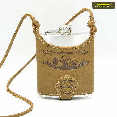 Фляга металева в шкіряному чохлі «I am a mushroom hunter» Acropolis FL-1g