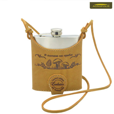 Фляга металева в шкіряному чохлі «Я полюю на гриби» Acropolis ФЛ-1г